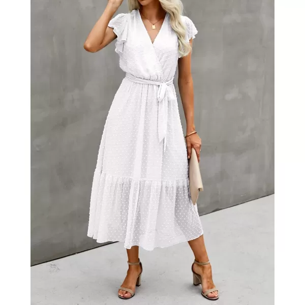 BTFBM Women Summer Bohemian Floral Casual Wrap V Neck Ruffle Cap Sleeveless Belt ALine Pleated Hem Midi Sun Dress WhiteSwiss Dot White