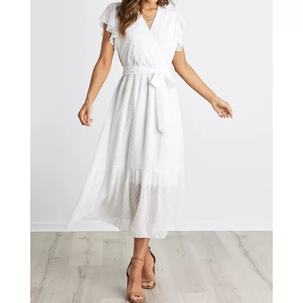 BTFBM Women Summer Bohemian Floral Casual Wrap V Neck Ruffle Cap Sleeveless Belt ALine Pleated Hem Midi Sun Dress WhiteSwiss Dot White