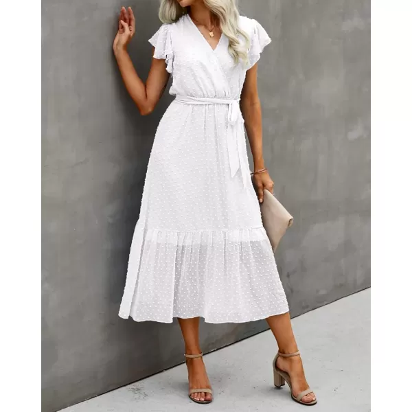BTFBM Women Summer Bohemian Floral Casual Wrap V Neck Ruffle Cap Sleeveless Belt ALine Pleated Hem Midi Sun Dress WhiteSwiss Dot White