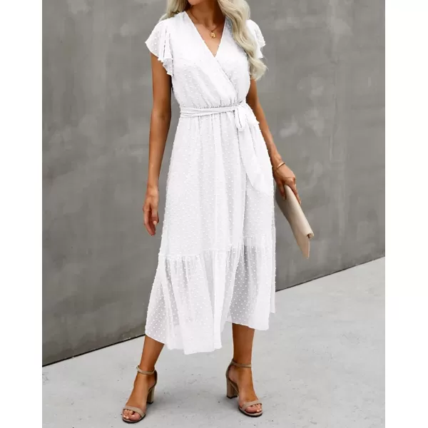 BTFBM Women Summer Bohemian Floral Casual Wrap V Neck Ruffle Cap Sleeveless Belt ALine Pleated Hem Midi Sun Dress WhiteSwiss Dot White