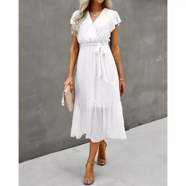 BTFBM Women Summer Bohemian Floral Casual Wrap V Neck Ruffle Cap Sleeveless Belt ALine Pleated Hem Midi Sun Dress WhiteSwiss Dot White