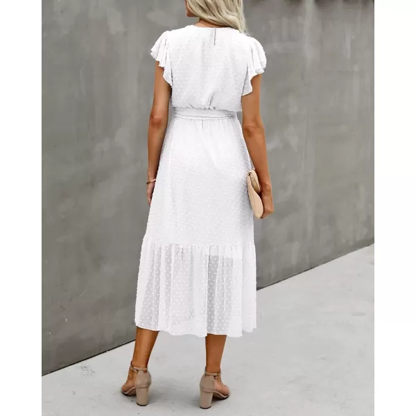 BTFBM Women Summer Bohemian Floral Casual Wrap V Neck Ruffle Cap Sleeveless Belt ALine Pleated Hem Midi Sun Dress WhiteSwiss Dot White