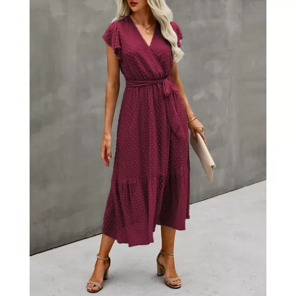 BTFBM Women Summer Bohemian Floral Casual Wrap V Neck Ruffle Cap Sleeveless Belt ALine Pleated Hem Midi Sun Dress WhiteSwiss Dot Wine Red