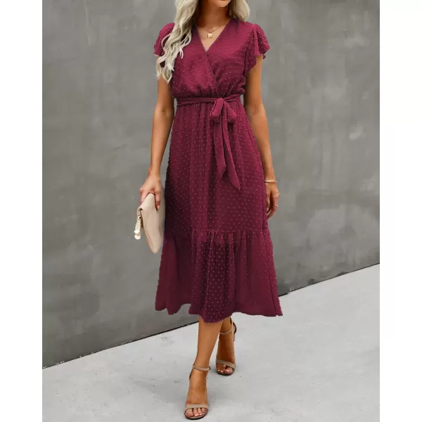 BTFBM Women Summer Bohemian Floral Casual Wrap V Neck Ruffle Cap Sleeveless Belt ALine Pleated Hem Midi Sun Dress WhiteSwiss Dot Wine Red