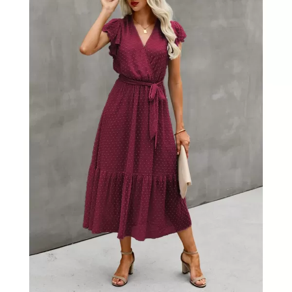 BTFBM Women Summer Bohemian Floral Casual Wrap V Neck Ruffle Cap Sleeveless Belt ALine Pleated Hem Midi Sun Dress WhiteSwiss Dot Wine Red