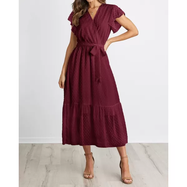 BTFBM Women Summer Bohemian Floral Casual Wrap V Neck Ruffle Cap Sleeveless Belt ALine Pleated Hem Midi Sun Dress WhiteSwiss Dot Wine Red