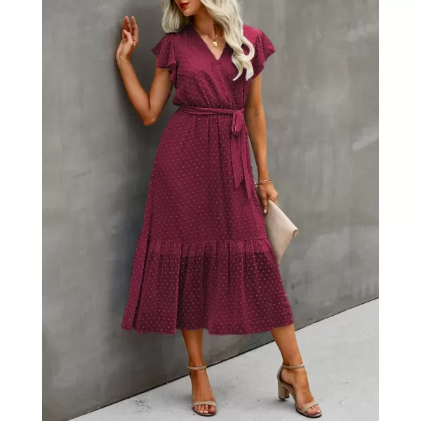 BTFBM Women Summer Bohemian Floral Casual Wrap V Neck Ruffle Cap Sleeveless Belt ALine Pleated Hem Midi Sun Dress WhiteSwiss Dot Wine Red