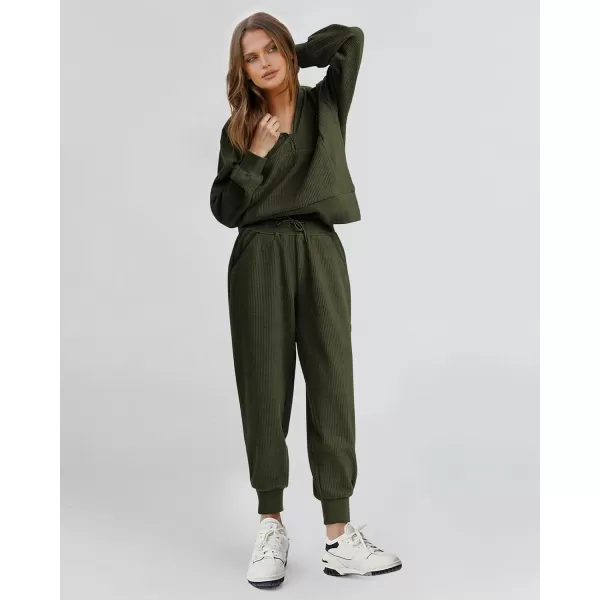 BTFBM Womens 2 Piece Tracksuit Fall Outfits 2024 Long Sleeve Half Zip Sweatshirt Sweatpants Lounge Set SweatsuitsSolid Army Green