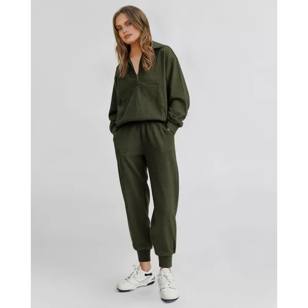 BTFBM Womens 2 Piece Tracksuit Fall Outfits 2024 Long Sleeve Half Zip Sweatshirt Sweatpants Lounge Set SweatsuitsSolid Army Green