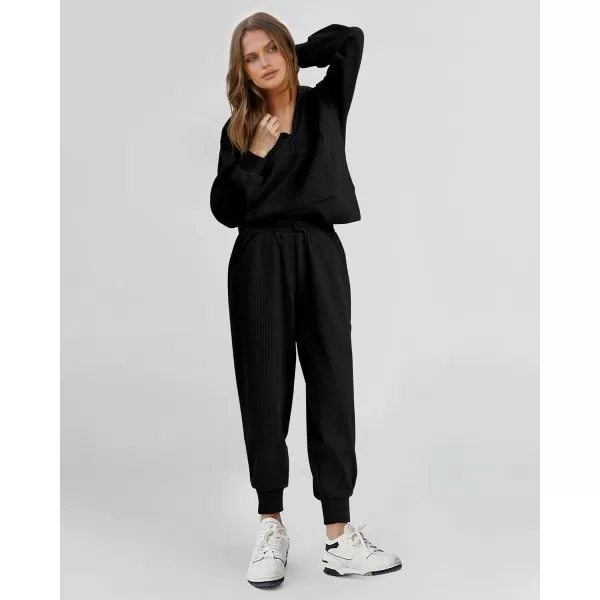 BTFBM Womens 2 Piece Tracksuit Fall Outfits 2024 Long Sleeve Half Zip Sweatshirt Sweatpants Lounge Set SweatsuitsSolid Black