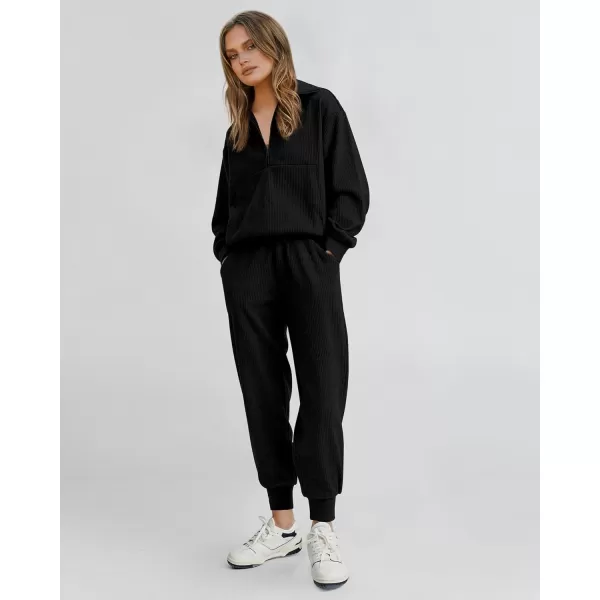 BTFBM Womens 2 Piece Tracksuit Fall Outfits 2024 Long Sleeve Half Zip Sweatshirt Sweatpants Lounge Set SweatsuitsSolid Black