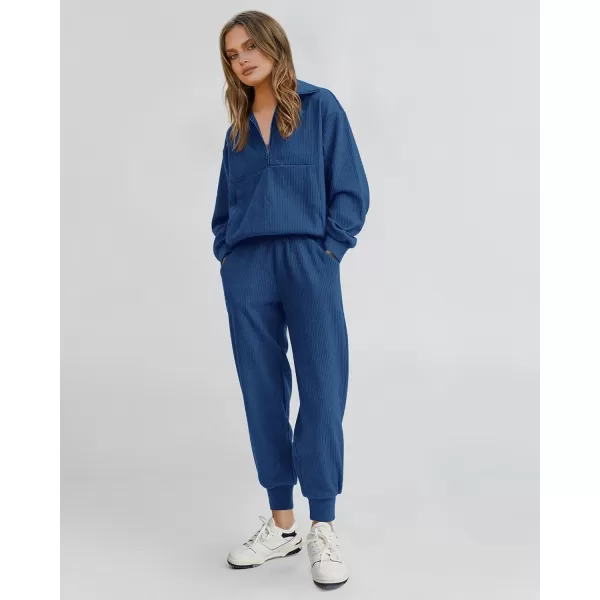 BTFBM Womens 2 Piece Tracksuit Fall Outfits 2024 Long Sleeve Half Zip Sweatshirt Sweatpants Lounge Set SweatsuitsSolid Dark Blue