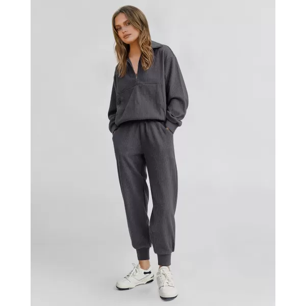BTFBM Womens 2 Piece Tracksuit Fall Outfits 2024 Long Sleeve Half Zip Sweatshirt Sweatpants Lounge Set SweatsuitsSolid Dark Grey