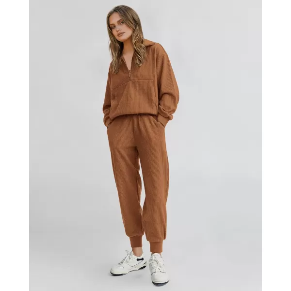 BTFBM Womens 2 Piece Tracksuit Fall Outfits 2024 Long Sleeve Half Zip Sweatshirt Sweatpants Lounge Set SweatsuitsSolid Dark Khaki