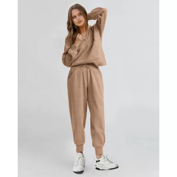 BTFBM Womens 2 Piece Tracksuit Fall Outfits 2024 Long Sleeve Half Zip Sweatshirt Sweatpants Lounge Set SweatsuitsSolid Khaki