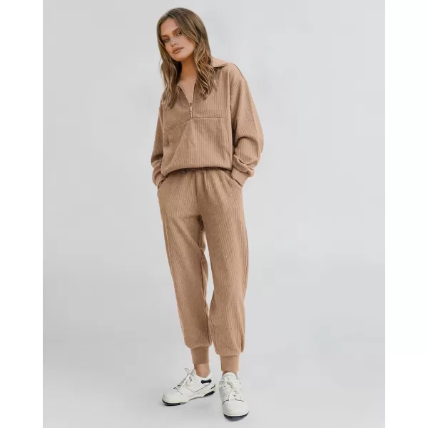 BTFBM Womens 2 Piece Tracksuit Fall Outfits 2024 Long Sleeve Half Zip Sweatshirt Sweatpants Lounge Set SweatsuitsSolid Khaki