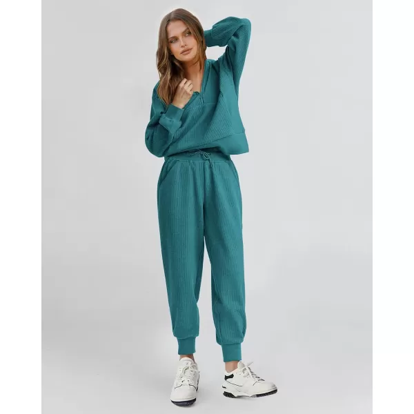 BTFBM Womens 2 Piece Tracksuit Fall Outfits 2024 Long Sleeve Half Zip Sweatshirt Sweatpants Lounge Set SweatsuitsSolid Lake Blue