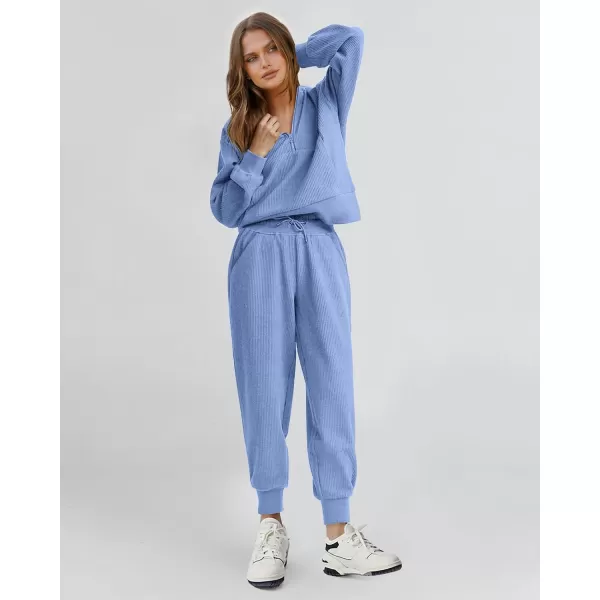 BTFBM Womens 2 Piece Tracksuit Fall Outfits 2024 Long Sleeve Half Zip Sweatshirt Sweatpants Lounge Set SweatsuitsSolid Light Blue