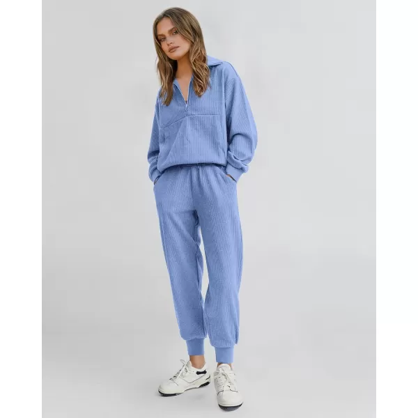 BTFBM Womens 2 Piece Tracksuit Fall Outfits 2024 Long Sleeve Half Zip Sweatshirt Sweatpants Lounge Set SweatsuitsSolid Light Blue