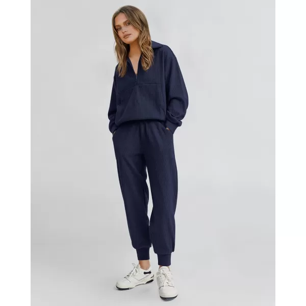 BTFBM Womens 2 Piece Tracksuit Fall Outfits 2024 Long Sleeve Half Zip Sweatshirt Sweatpants Lounge Set SweatsuitsSolid Navy