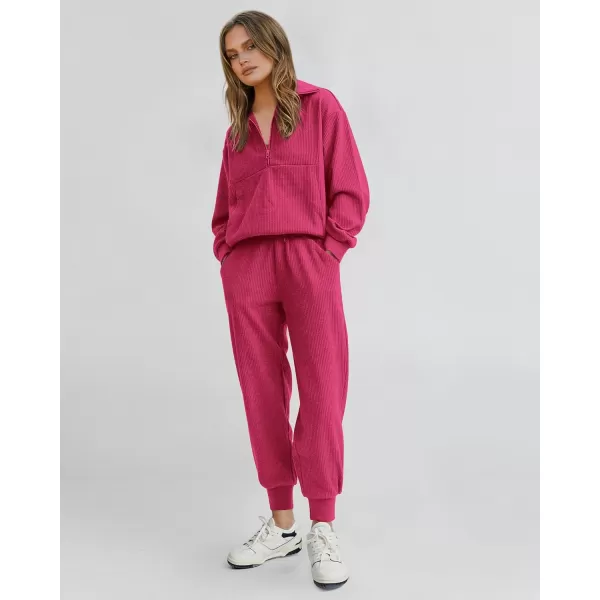 BTFBM Womens 2 Piece Tracksuit Fall Outfits 2024 Long Sleeve Half Zip Sweatshirt Sweatpants Lounge Set SweatsuitsSolid Rose Red