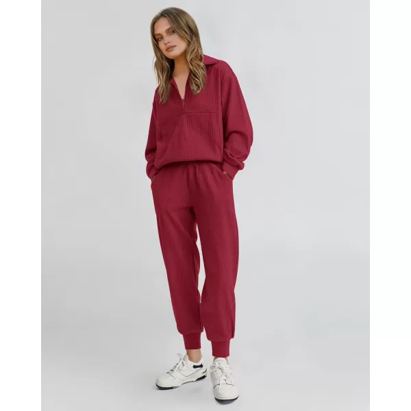 BTFBM Womens 2 Piece Tracksuit Fall Outfits 2024 Long Sleeve Half Zip Sweatshirt Sweatpants Lounge Set SweatsuitsSolid Wine Red