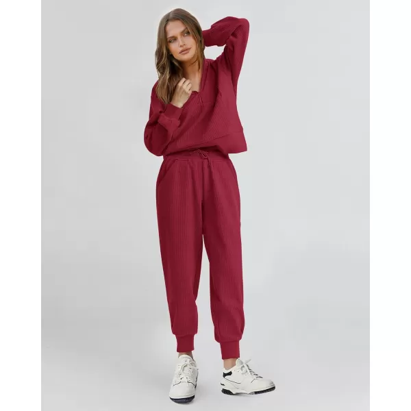BTFBM Womens 2 Piece Tracksuit Fall Outfits 2024 Long Sleeve Half Zip Sweatshirt Sweatpants Lounge Set SweatsuitsSolid Wine Red