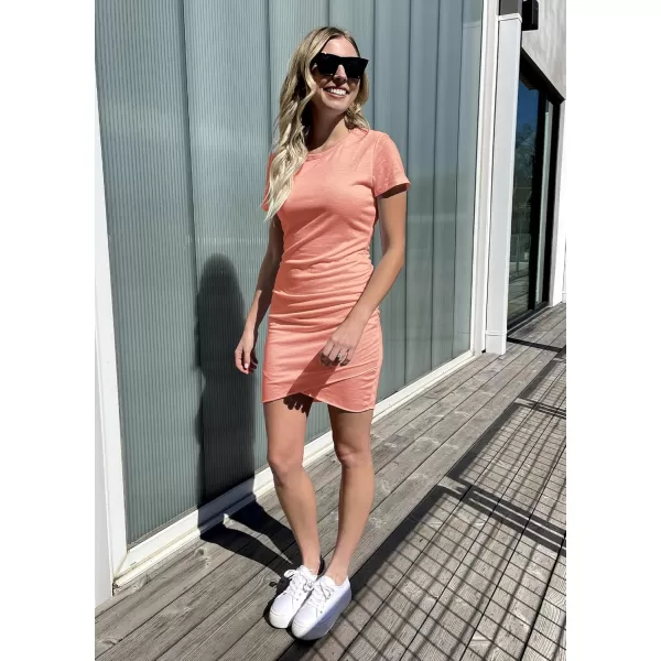 BTFBM Womens 2024 Summer Casual Beach Dresses Crew Neck Short Sleeve Wrap Party Club Mini Ruched Bodycon T Shirt DressDark Pink
