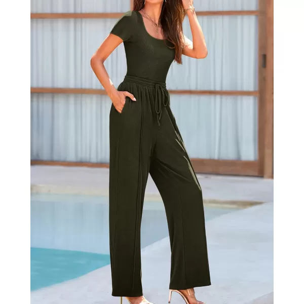 BTFBM Womens Casual 2 Pieces Outfits Square Neck Short Sleeve Shapewear Bodysuit Drawstring Pants Knit Matching SetsSolid Army Green