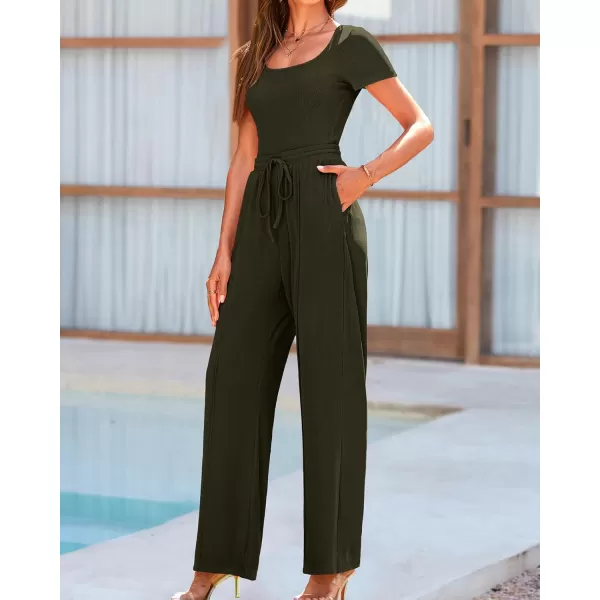 BTFBM Womens Casual 2 Pieces Outfits Square Neck Short Sleeve Shapewear Bodysuit Drawstring Pants Knit Matching SetsSolid Army Green