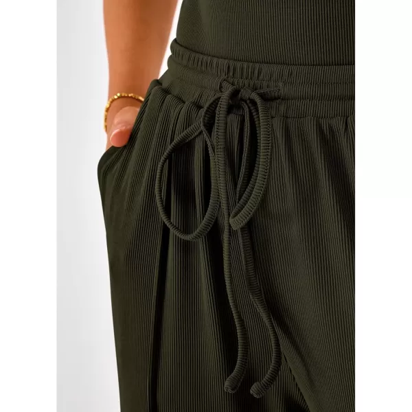 BTFBM Womens Casual 2 Pieces Outfits Square Neck Short Sleeve Shapewear Bodysuit Drawstring Pants Knit Matching SetsSolid Army Green