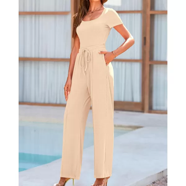 BTFBM Womens Casual 2 Pieces Outfits Square Neck Short Sleeve Shapewear Bodysuit Drawstring Pants Knit Matching SetsSolid Beige