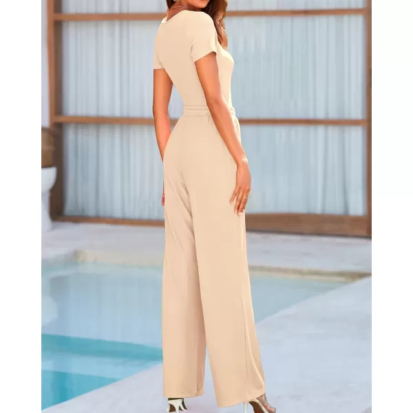 BTFBM Womens Casual 2 Pieces Outfits Square Neck Short Sleeve Shapewear Bodysuit Drawstring Pants Knit Matching SetsSolid Beige