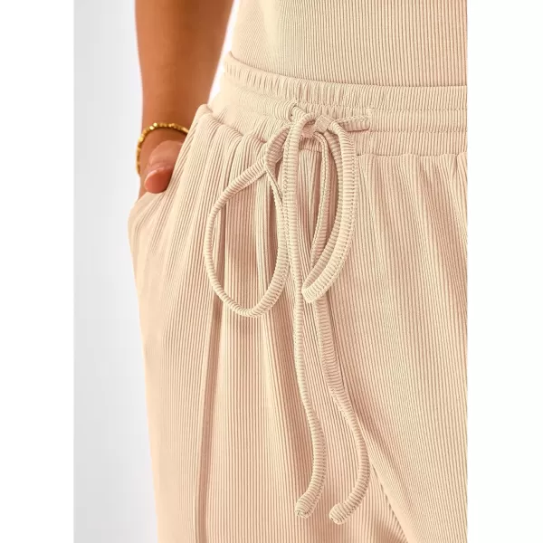 BTFBM Womens Casual 2 Pieces Outfits Square Neck Short Sleeve Shapewear Bodysuit Drawstring Pants Knit Matching SetsSolid Beige