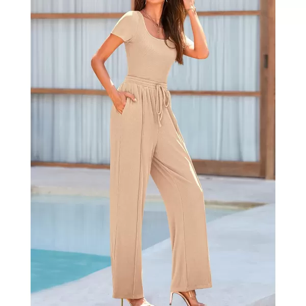 BTFBM Womens Casual 2 Pieces Outfits Square Neck Short Sleeve Shapewear Bodysuit Drawstring Pants Knit Matching SetsSolid Beige
