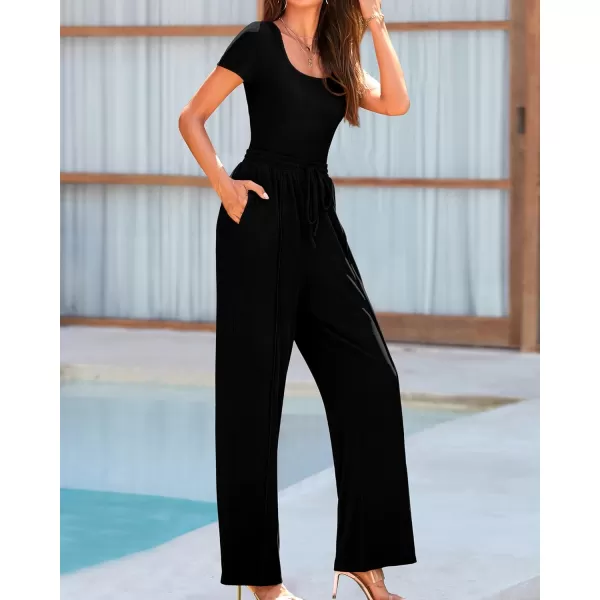 BTFBM Womens Casual 2 Pieces Outfits Square Neck Short Sleeve Shapewear Bodysuit Drawstring Pants Knit Matching SetsSolid Black