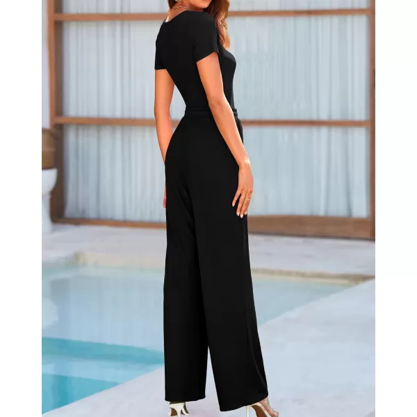 BTFBM Womens Casual 2 Pieces Outfits Square Neck Short Sleeve Shapewear Bodysuit Drawstring Pants Knit Matching SetsSolid Black