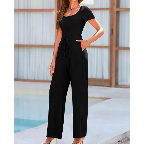 BTFBM Womens Casual 2 Pieces Outfits Square Neck Short Sleeve Shapewear Bodysuit Drawstring Pants Knit Matching SetsSolid Black