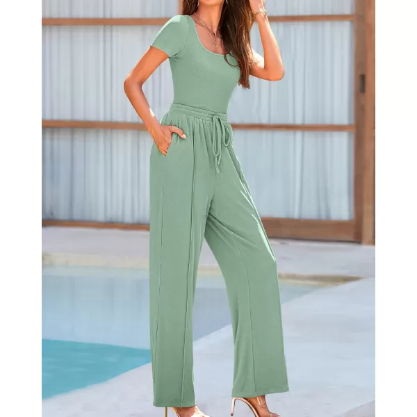 BTFBM Womens Casual 2 Pieces Outfits Square Neck Short Sleeve Shapewear Bodysuit Drawstring Pants Knit Matching SetsSolid Fruit Green