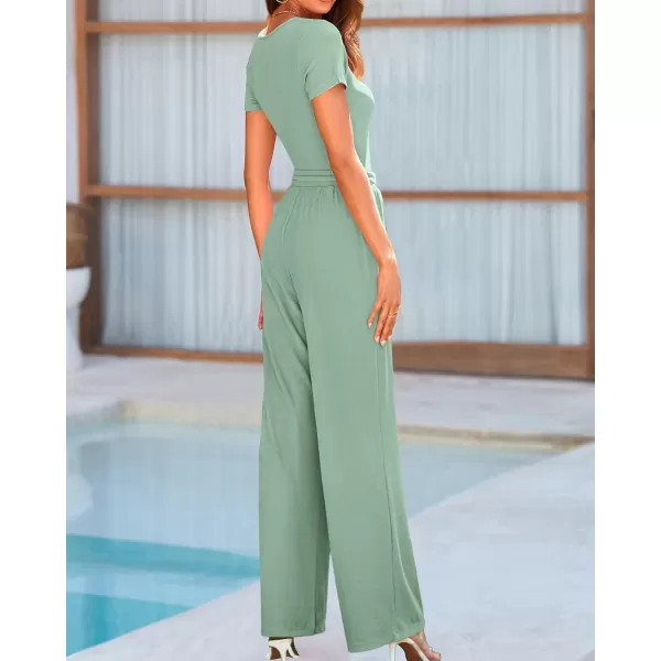 BTFBM Womens Casual 2 Pieces Outfits Square Neck Short Sleeve Shapewear Bodysuit Drawstring Pants Knit Matching SetsSolid Fruit Green