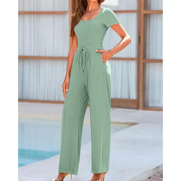 BTFBM Womens Casual 2 Pieces Outfits Square Neck Short Sleeve Shapewear Bodysuit Drawstring Pants Knit Matching SetsSolid Fruit Green