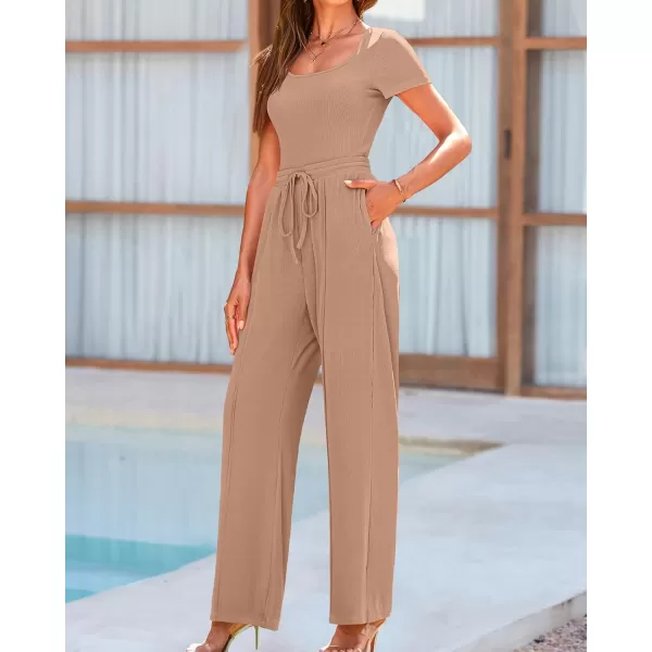 BTFBM Womens Casual 2 Pieces Outfits Square Neck Short Sleeve Shapewear Bodysuit Drawstring Pants Knit Matching SetsSolid Khaki