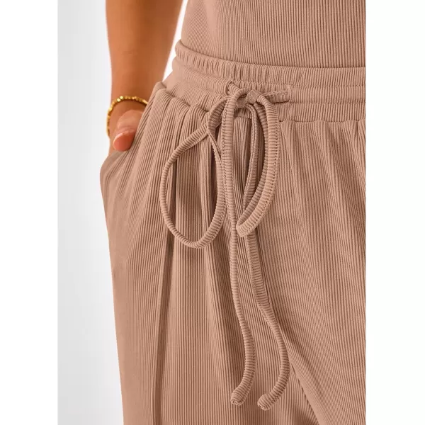 BTFBM Womens Casual 2 Pieces Outfits Square Neck Short Sleeve Shapewear Bodysuit Drawstring Pants Knit Matching SetsSolid Khaki