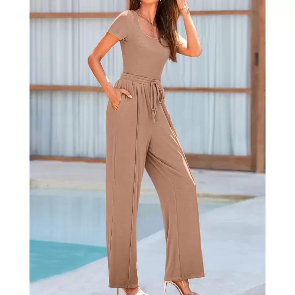 BTFBM Womens Casual 2 Pieces Outfits Square Neck Short Sleeve Shapewear Bodysuit Drawstring Pants Knit Matching SetsSolid Khaki