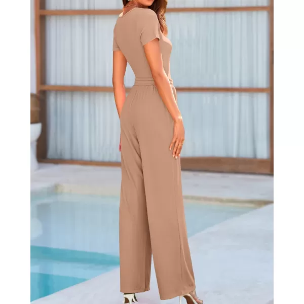 BTFBM Womens Casual 2 Pieces Outfits Square Neck Short Sleeve Shapewear Bodysuit Drawstring Pants Knit Matching SetsSolid Khaki
