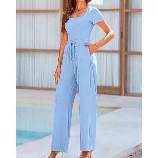 BTFBM Womens Casual 2 Pieces Outfits Square Neck Short Sleeve Shapewear Bodysuit Drawstring Pants Knit Matching SetsSolid Light Blue
