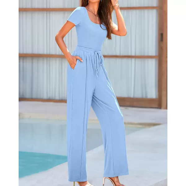 BTFBM Womens Casual 2 Pieces Outfits Square Neck Short Sleeve Shapewear Bodysuit Drawstring Pants Knit Matching SetsSolid Light Blue