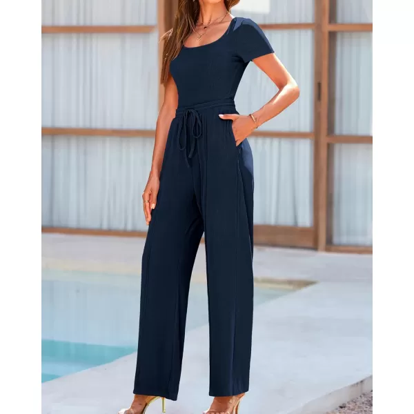BTFBM Womens Casual 2 Pieces Outfits Square Neck Short Sleeve Shapewear Bodysuit Drawstring Pants Knit Matching SetsSolid Navy