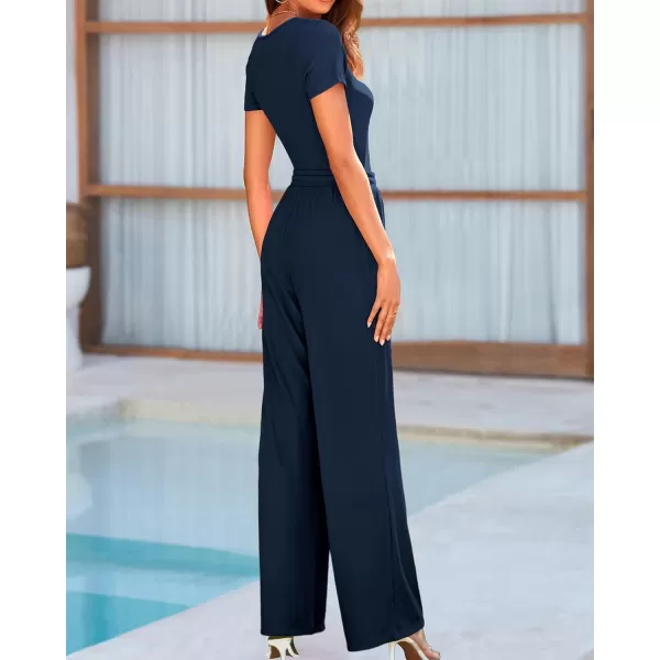 BTFBM Womens Casual 2 Pieces Outfits Square Neck Short Sleeve Shapewear Bodysuit Drawstring Pants Knit Matching SetsSolid Navy