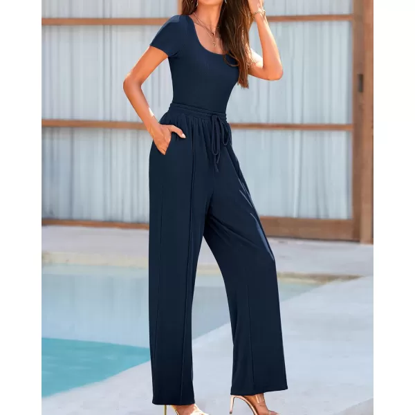 BTFBM Womens Casual 2 Pieces Outfits Square Neck Short Sleeve Shapewear Bodysuit Drawstring Pants Knit Matching SetsSolid Navy